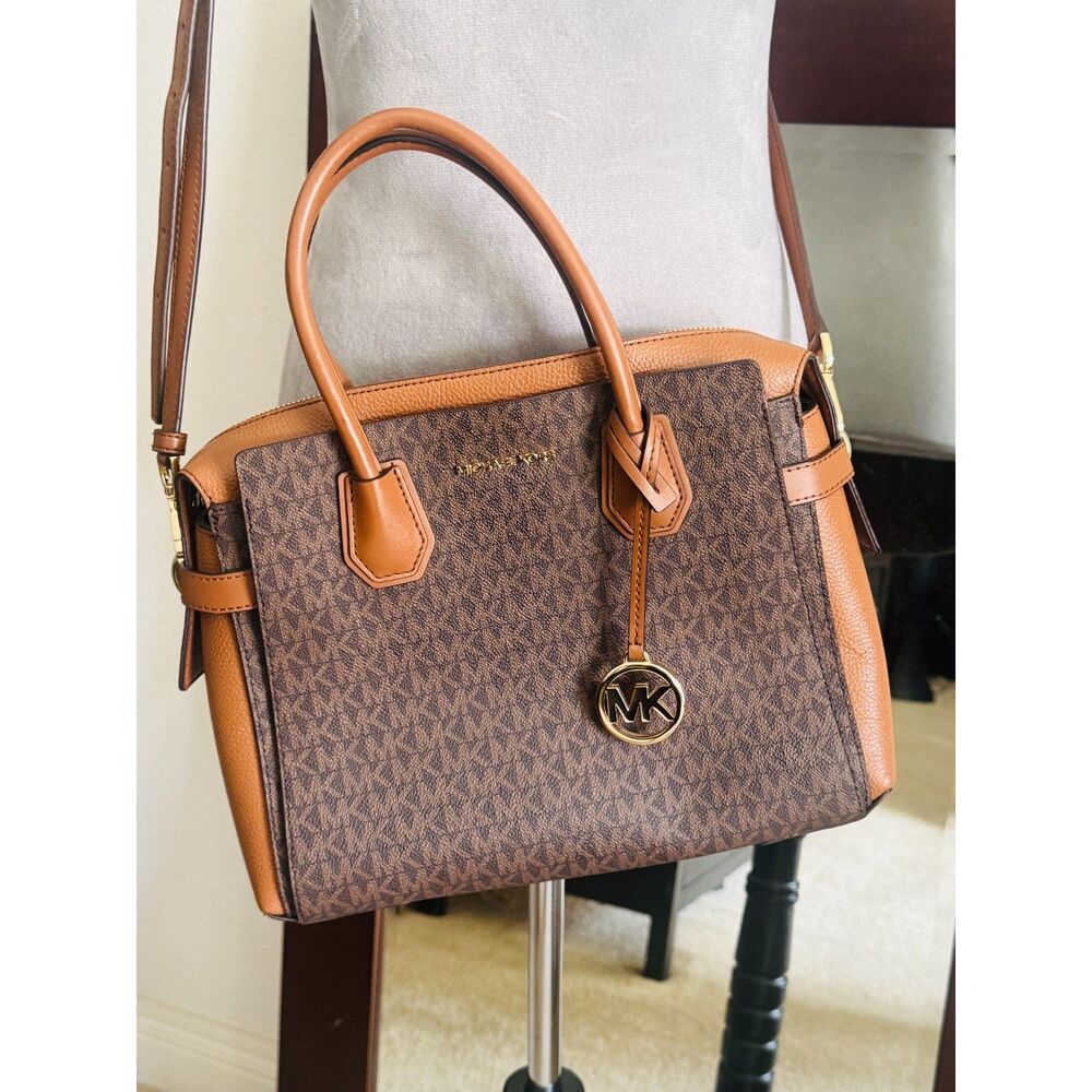 Michael Kors Mercer Medium Belted Satchel Brown Signature Logo Crossbody NWOT